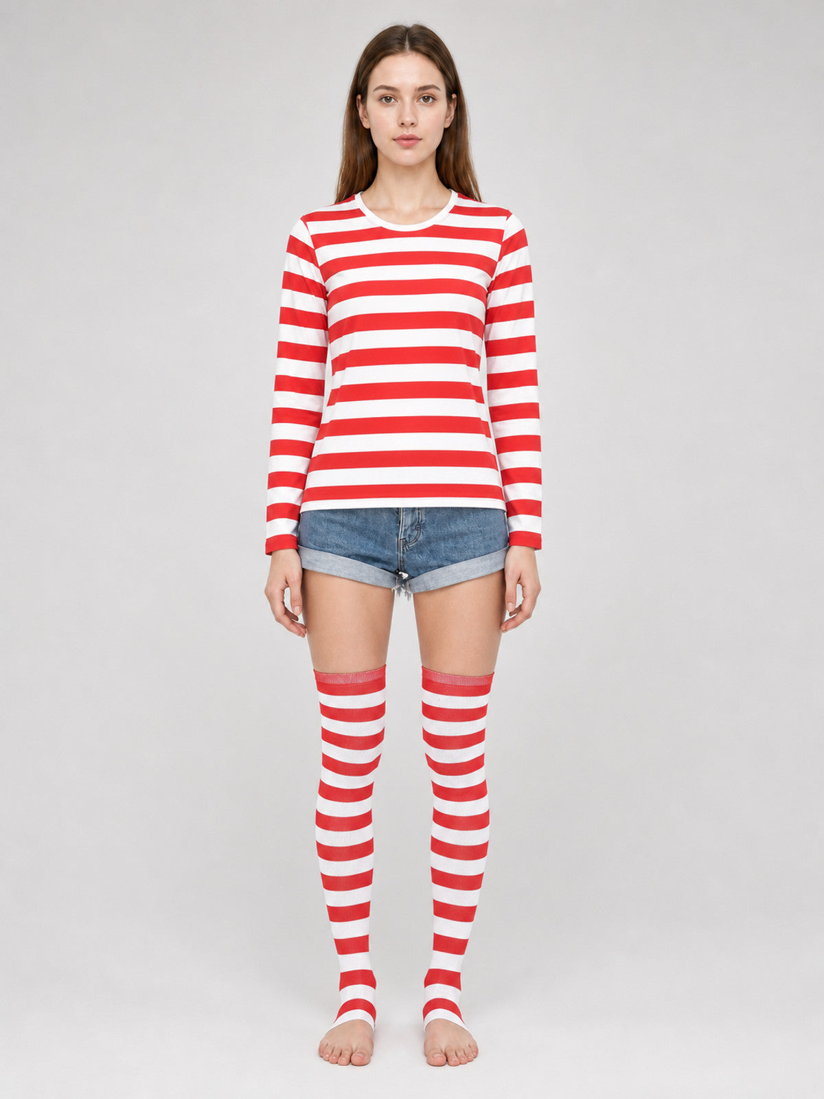 Red and White Striped T-Shirt for Cosplay on-model view
