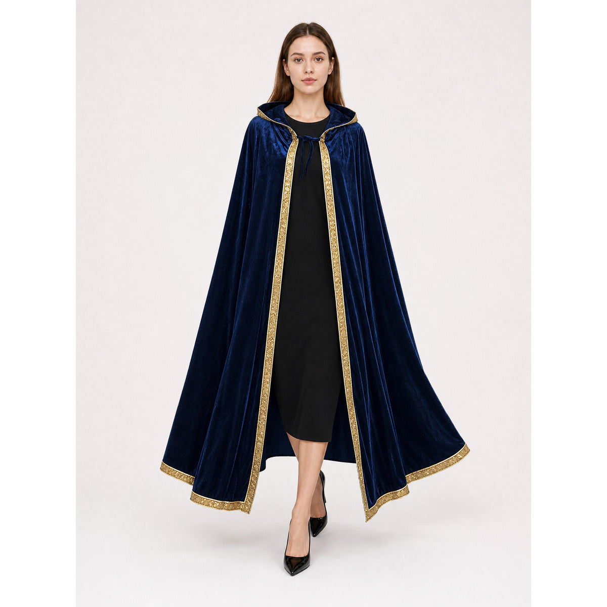 Dark Blue Hooded Costume Cloak front view