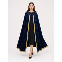 Dark Blue Velvet Hooded Cloak Robe with Gold Trim and Bell Sleeves, Adult Wizard Costume
