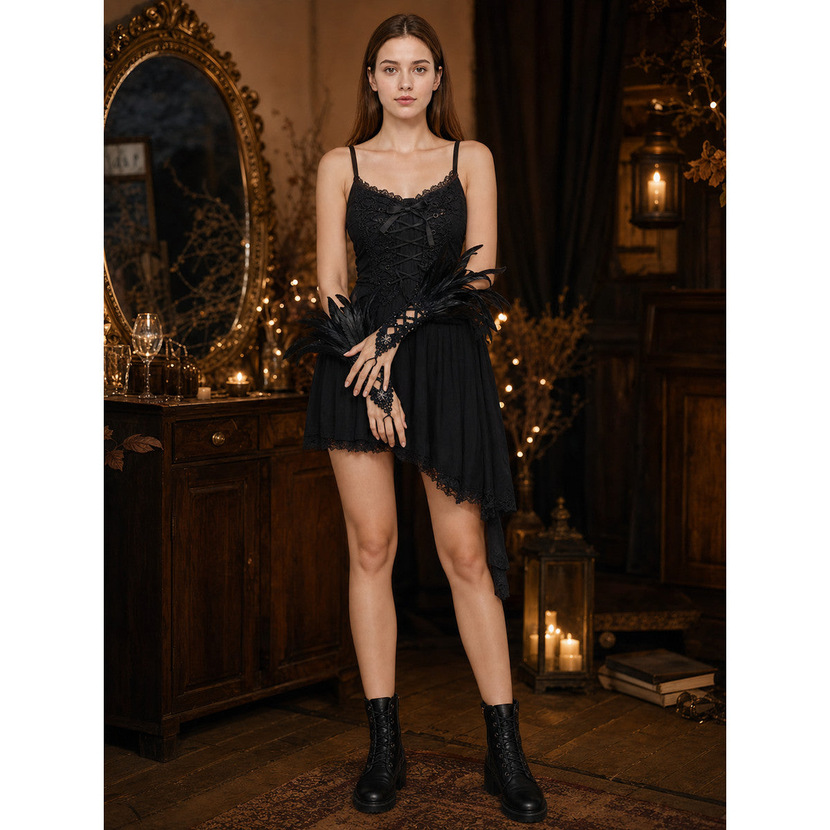 Black Lace Mesh Long Fingerless Gloves Pair with Feather Wrist Cuffs, Silver Floral Center, Cross Strap, Stage Performance Costume Accessories