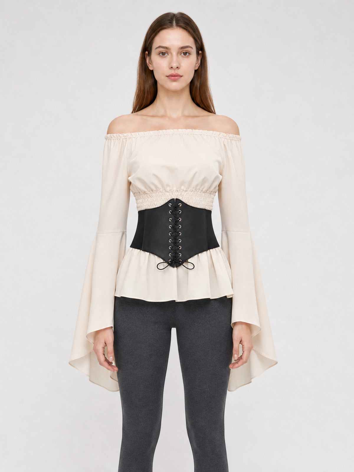 Off-Shoulder Blouse with Corset Belt