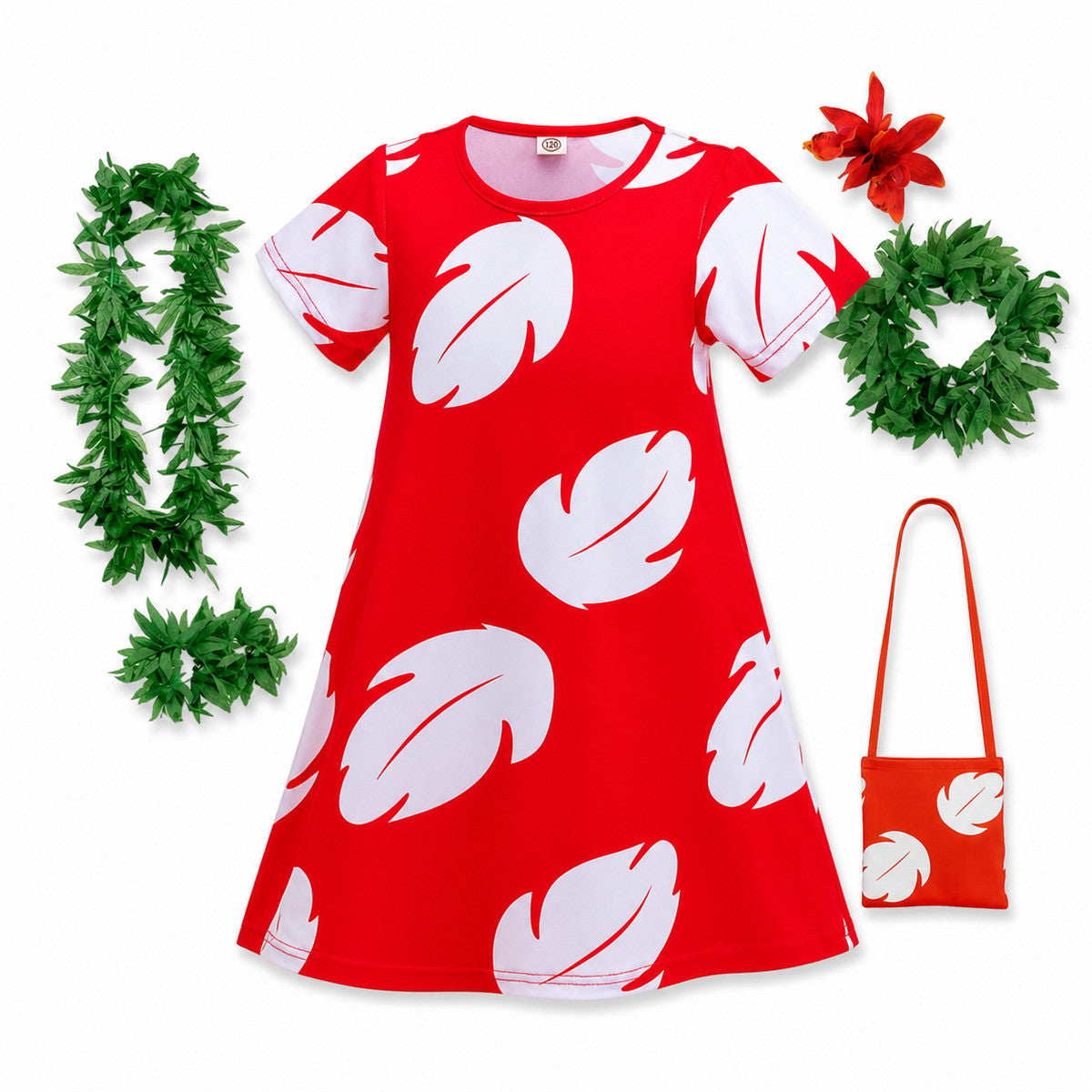 Experiment 626 Lilo Role Play Dress Hawaii Costume Children Red Frock Featured with White Feather Print - Color:dress style D