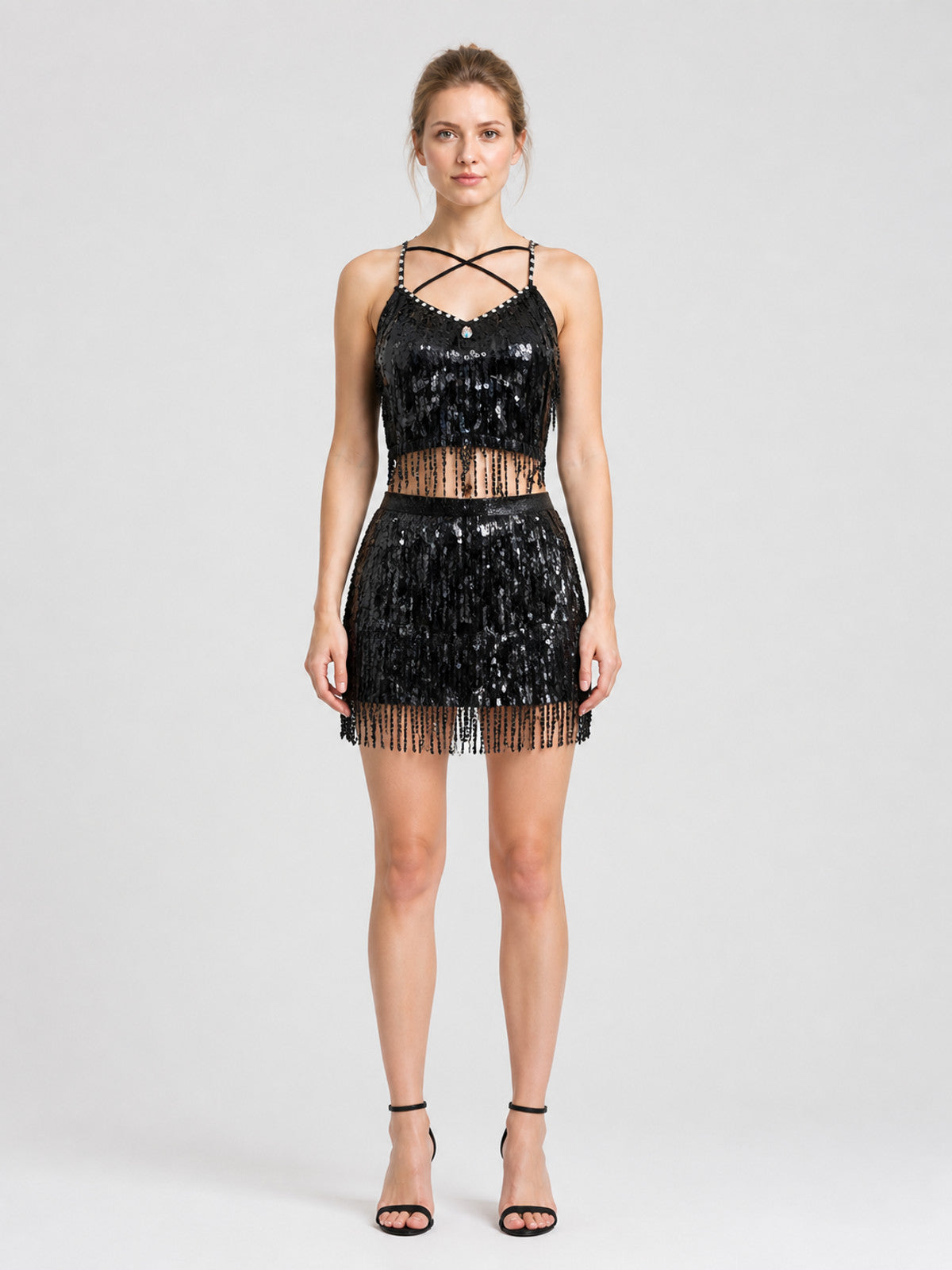 Stage Costume Top and Mini Skirt with Sequins and Fringe on-model view