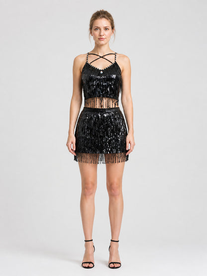 Stage Costume Top and Mini Skirt with Sequins and Fringe on-model view