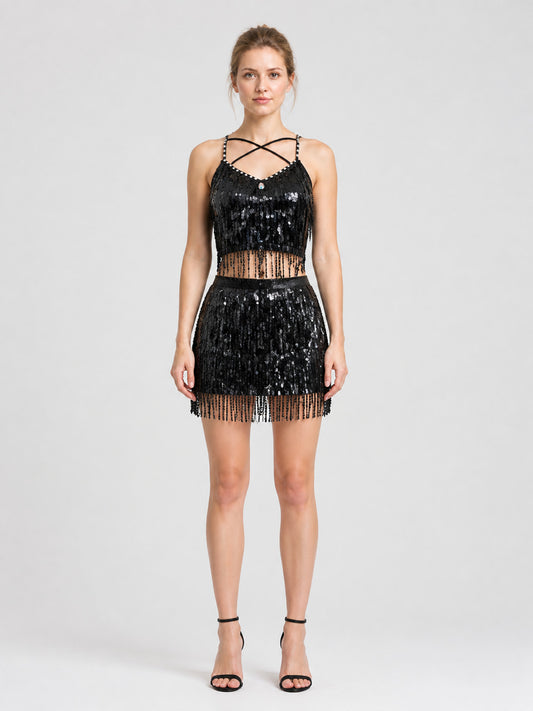 Stage Costume Top and Mini Skirt with Sequins and Fringe on-model view
