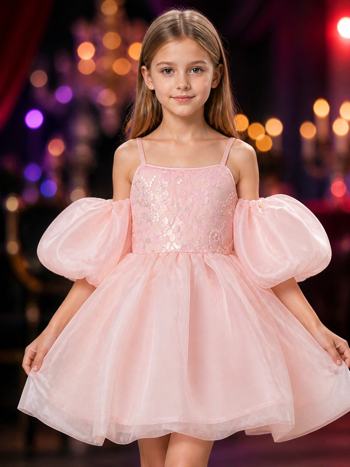 Baby Girls' Pink Princess Dress With Puff Sleeves, Sequin Floral Bodice and on-model view