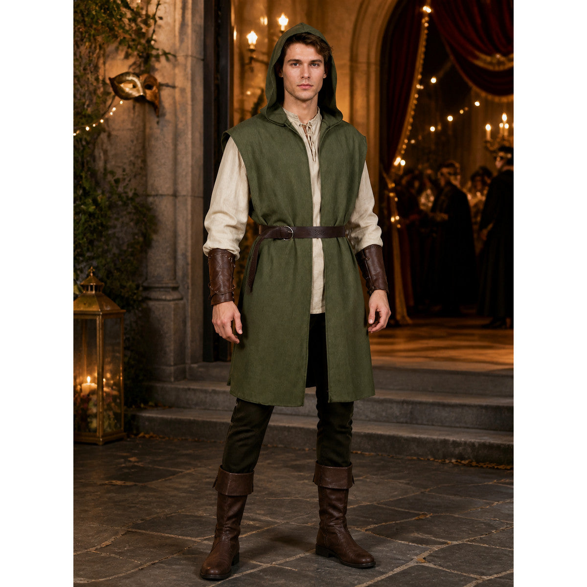 Olive green hooded sleeveless vest with brown belt on a full-body male model in a medieval-style hall