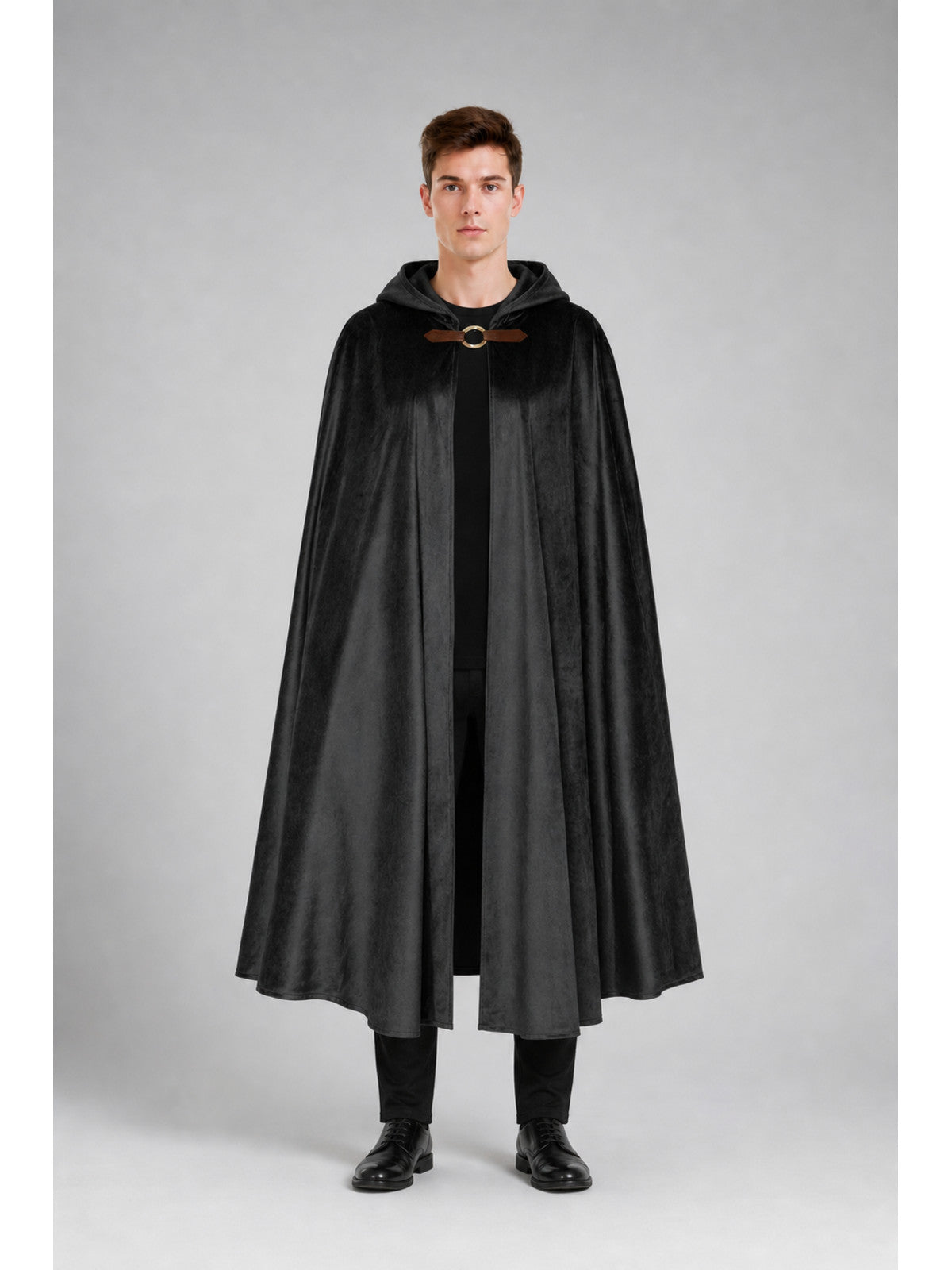 Long Black Hooded Cape with Closure main product view
