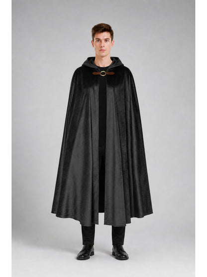Long Black Hooded Cape with Closure main product view