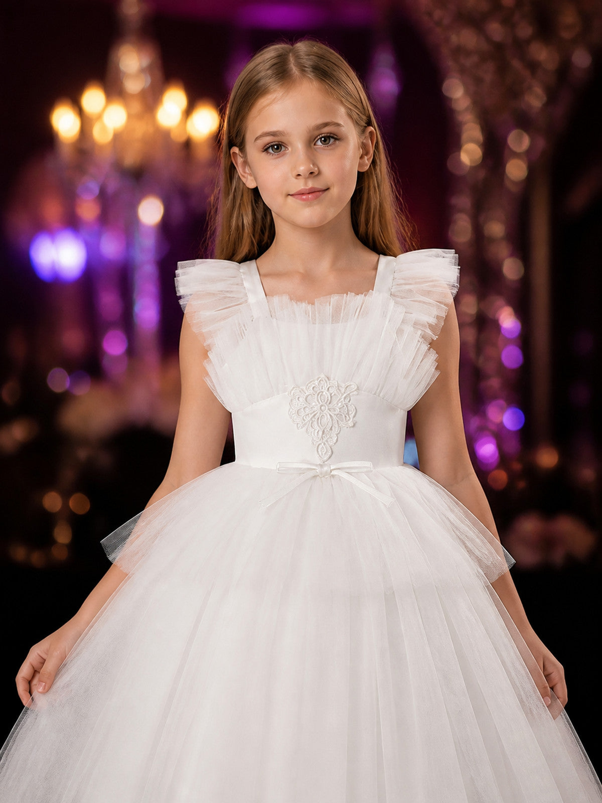 Girls' White Princess Formal Dress, Layered Tulle Ruffles, Rhinestone Flower and on-model view