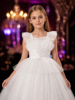 Girls' White Princess Formal Dress, Layered Tulle Ruffles, Rhinestone Flower