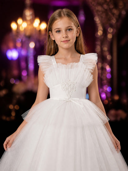 Girls' White Princess Formal Dress, Layered Tulle Ruffles, Rhinestone Flower and on-model view