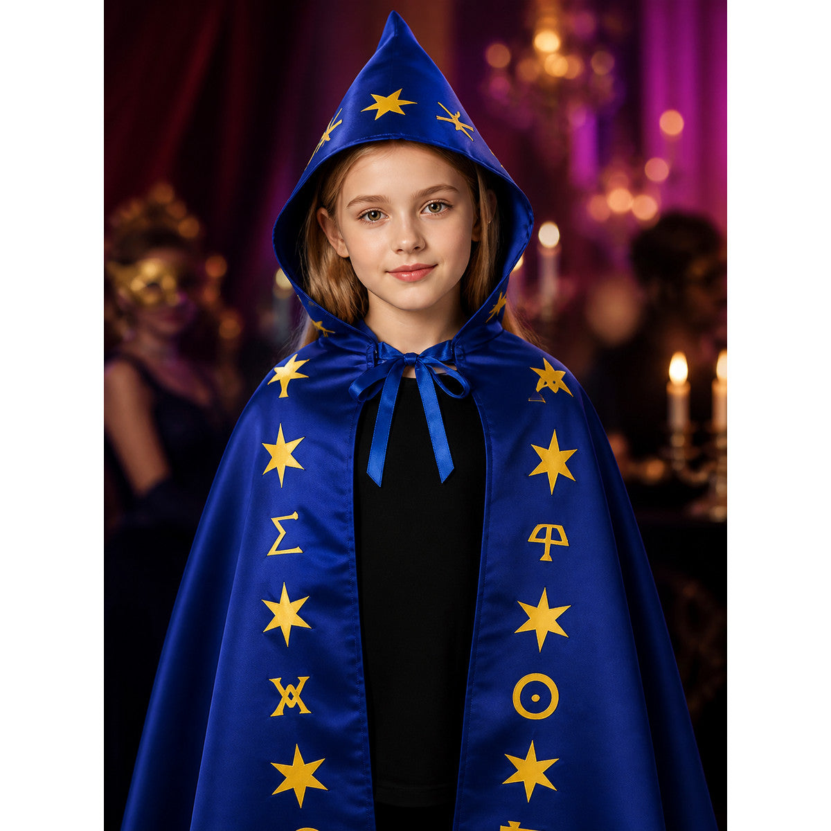 Blue Wizard Costume Set with Pointed Hat and Star-Patterned Cape on-model view