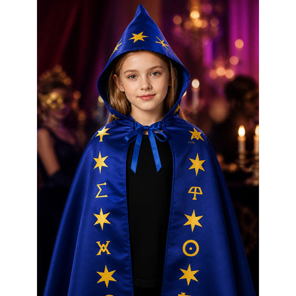 Blue Wizard Costume Set with Pointed Hat and Star-Patterned Cape on-model view