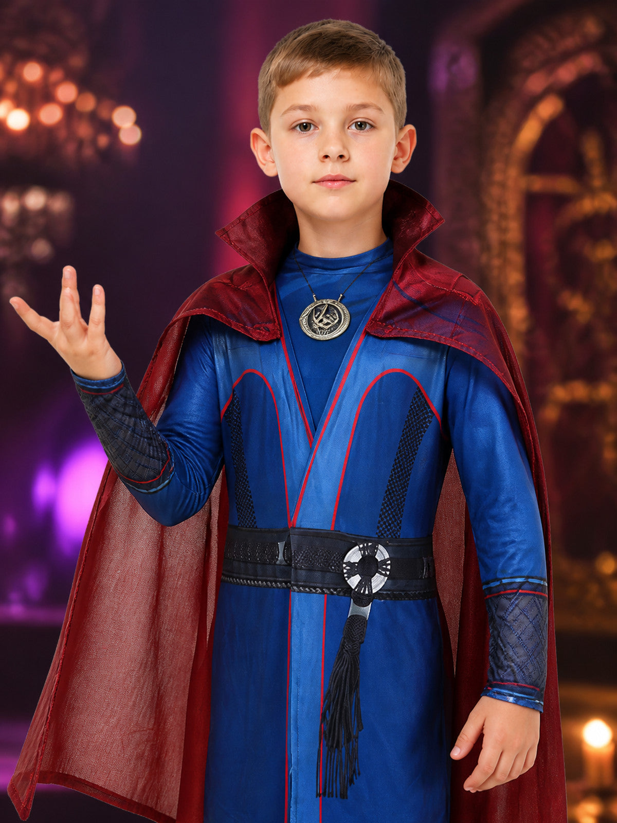 Kids Doctor Strange Superhero Costume Set with Red Cape, Long Sleeve Halloween on-model view