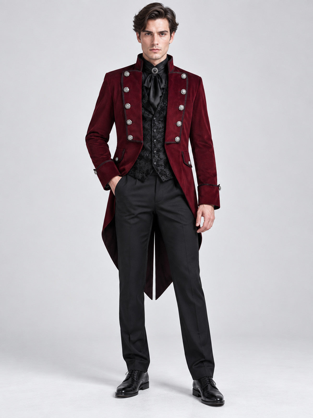 Burgundy double-breasted tailcoat with a stand collar and tails