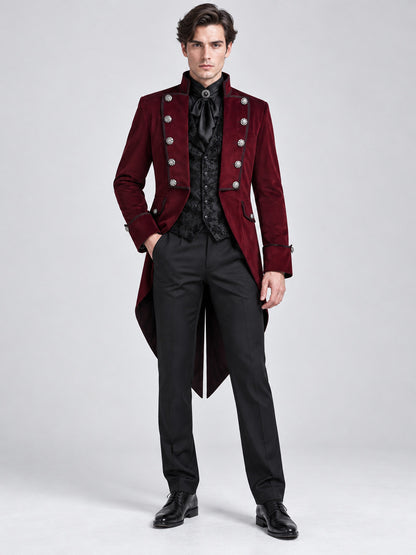 Burgundy double-breasted tailcoat with a stand collar and tails