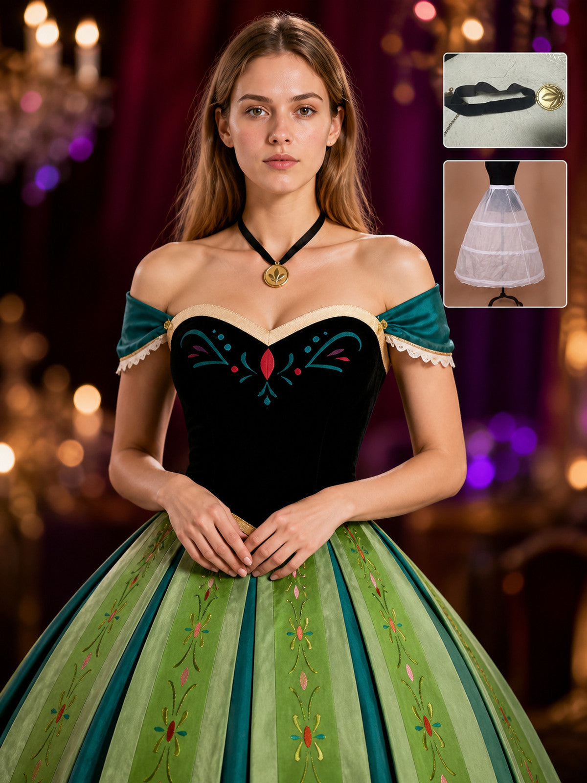 Anna-Themed Princess Costume Dress Set, Embroidered Long Dress With Necklace And on-model view