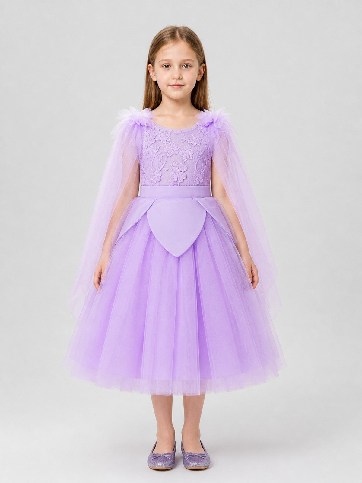 Girls' Princess Dress with Lace and Full Skirt on-model view