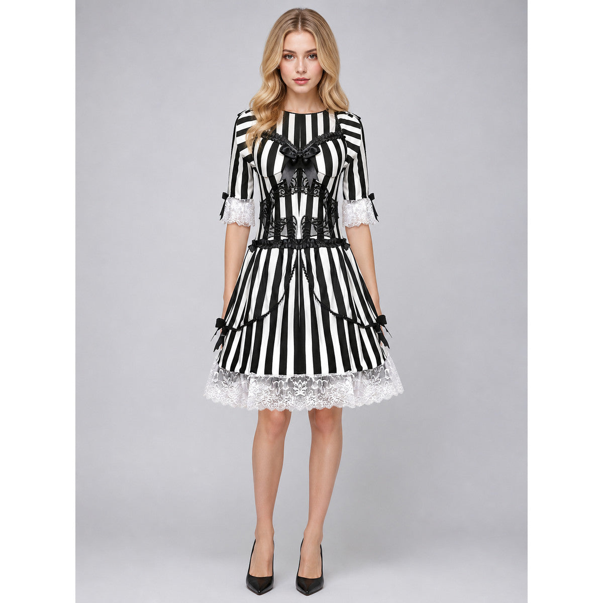 Gothic Striped Dress with Lace and Bow