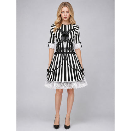 Gothic Striped Dress with Lace and Bow