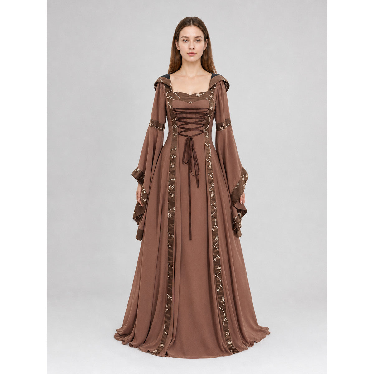 Medieval Maxi Dress with Hood and Lace-Up Details