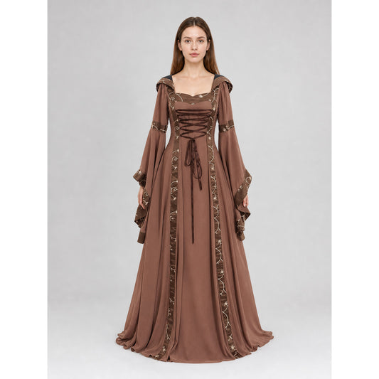 Medieval Maxi Dress with Hood and Lace-Up Details
