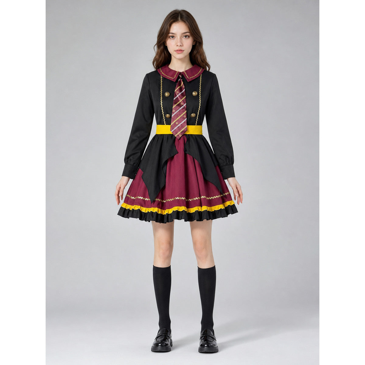 The costume dress features a combination of black, burgundy, gold, and yellow colors. The design has a black long sleeve and a burgundy notched collar attached to the dress bodice. The front is decorated with a diagonal striped panel, while
