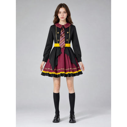 The costume dress features a combination of black, burgundy, gold, and yellow colors. The design has a black long sleeve and a burgundy notched collar attached to the dress bodice. The front is decorated with a diagonal striped panel, while