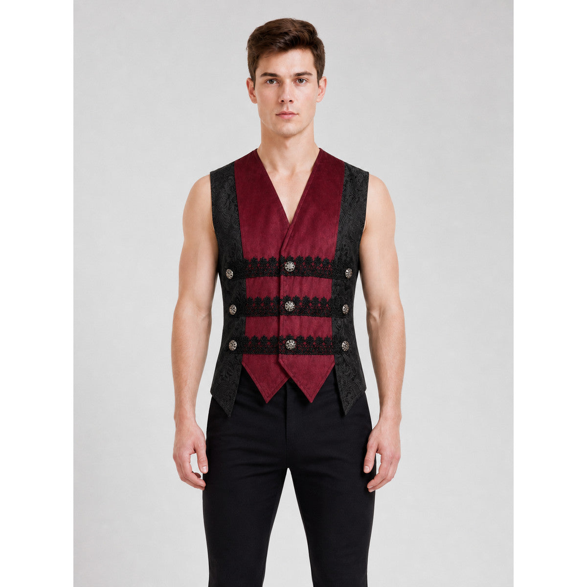 Gothic Sleeveless Vest with Burgundy Lapels