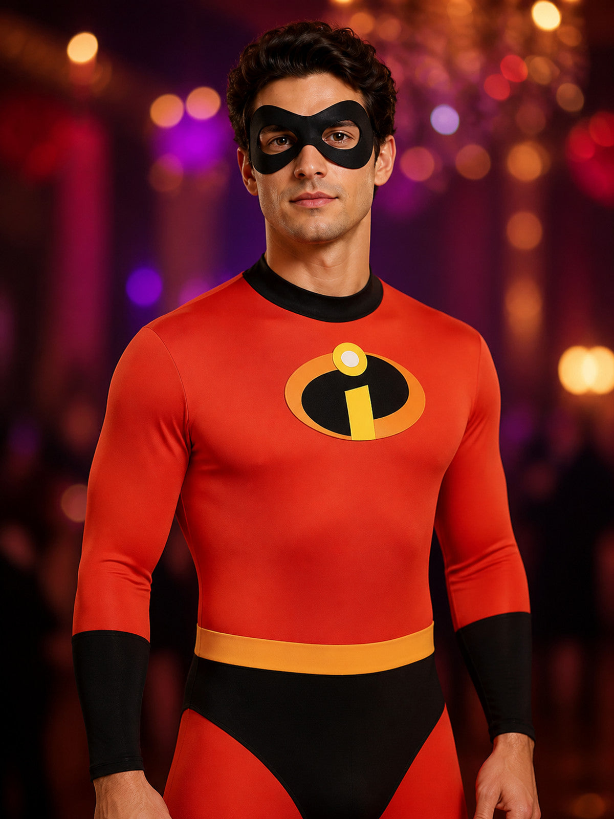 Kids Red Superhero Long Sleeve Bodysuit Halloween Costume, Black & Yellow 'i' on-model view