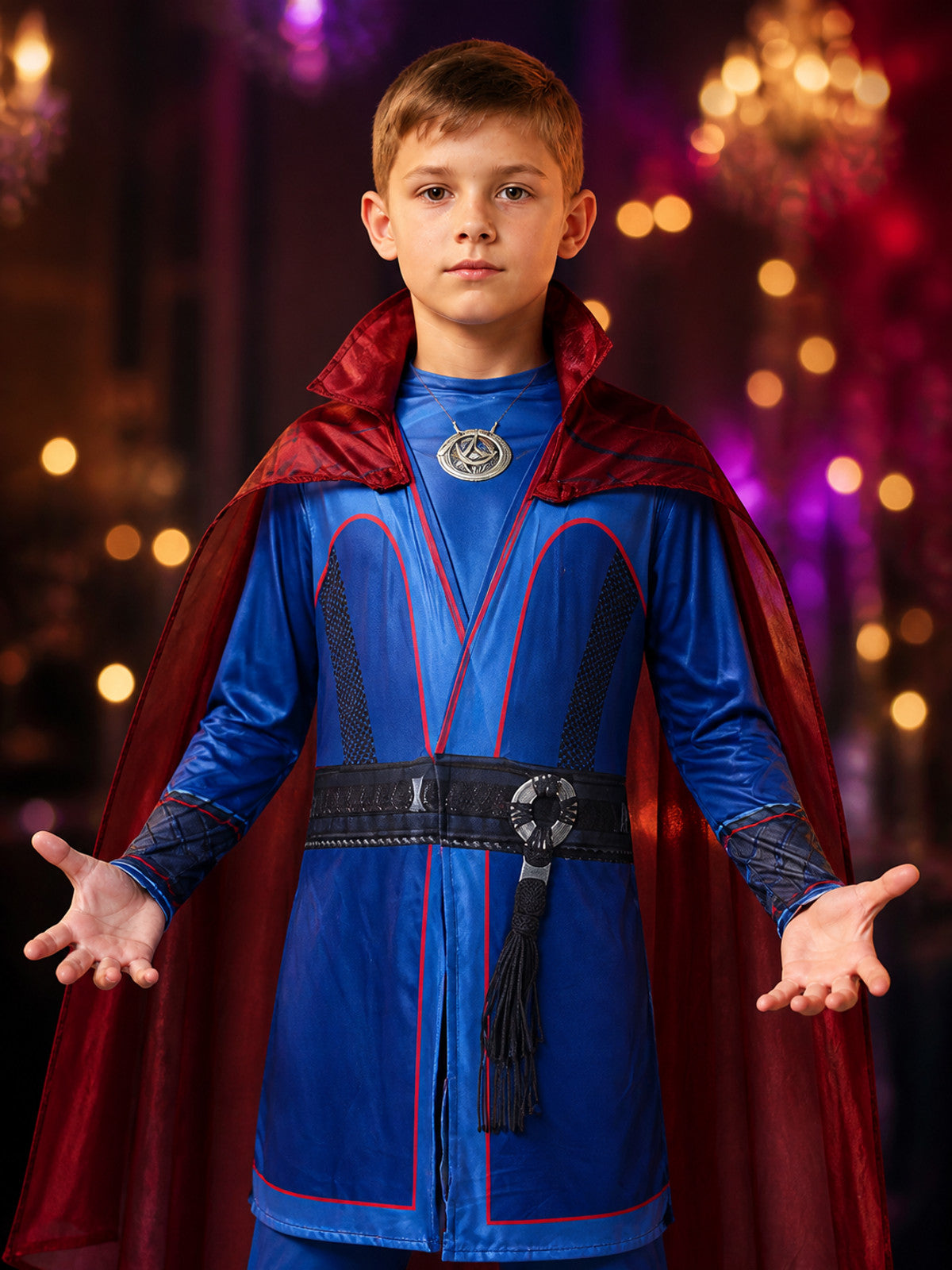 Kids Wizard Costume Set with Red Cape and Blue Robe, Halloween Outfit with Belt on-model view
