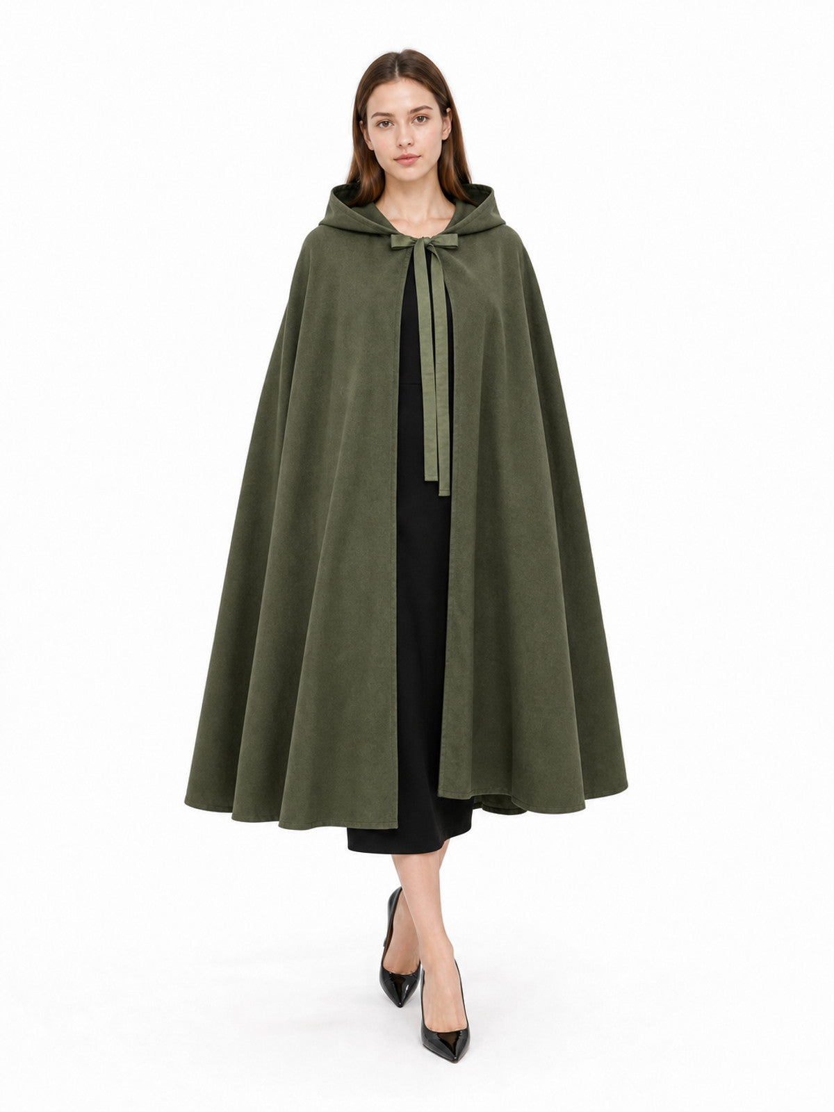 Hooded olive green cape with a soft suede-like appearance and long tie ribbons, shown full-body on a model