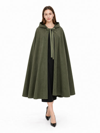Hooded olive green cape with a soft suede-like appearance and long tie ribbons, shown full-body on a model