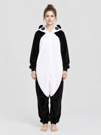 Black and White Panda Hooded Pajama Jumpsuit with Ears