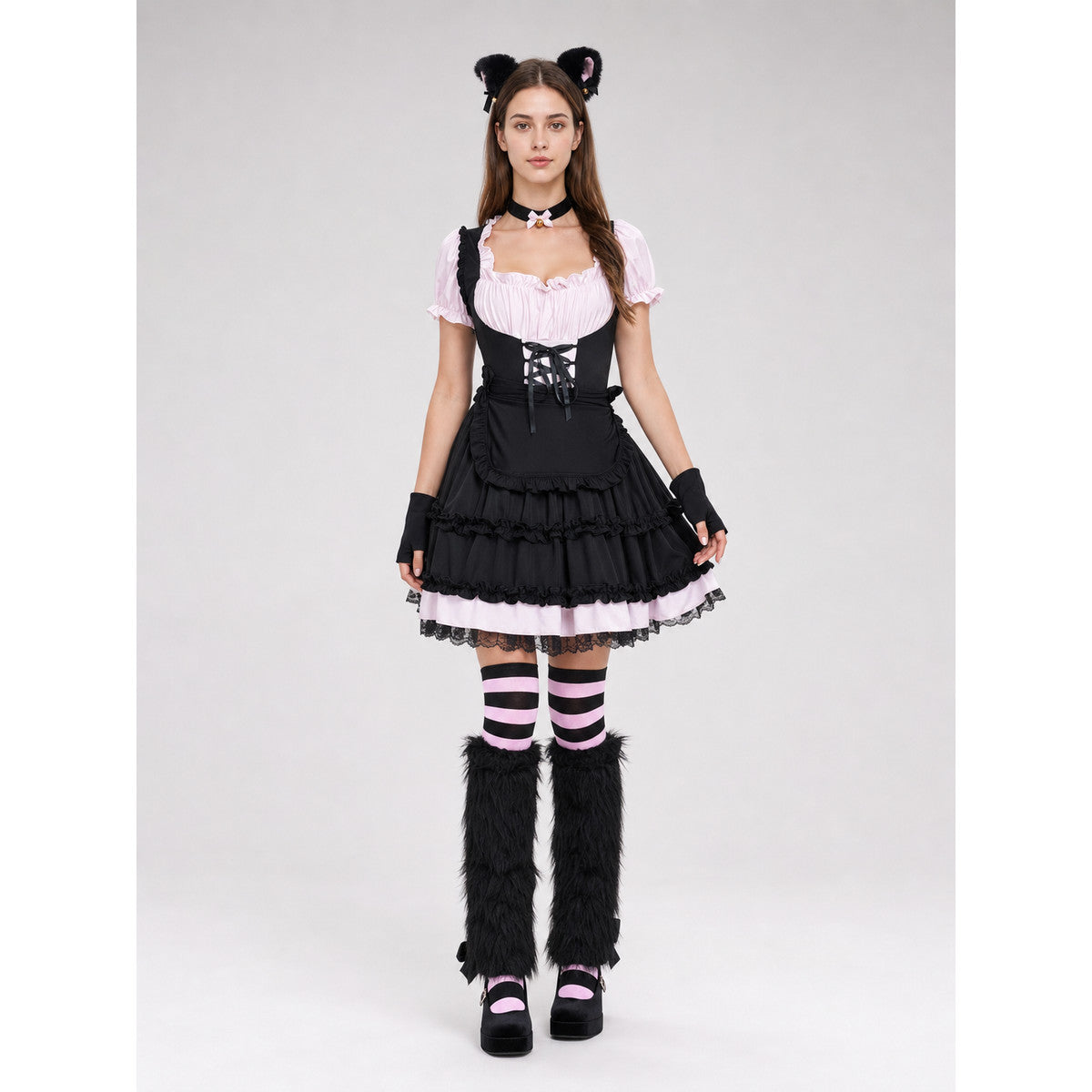Lolita-Style Dress with Apron, Ruffles, and Lacing on-model view