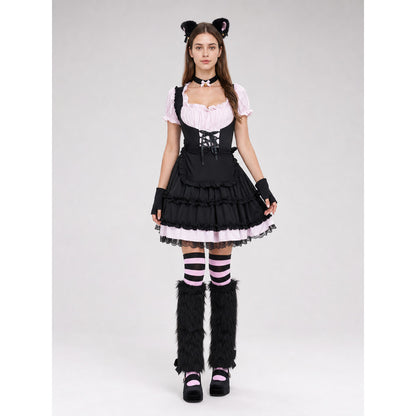 Lolita-Style Dress with Apron, Ruffles, and Lacing on-model view