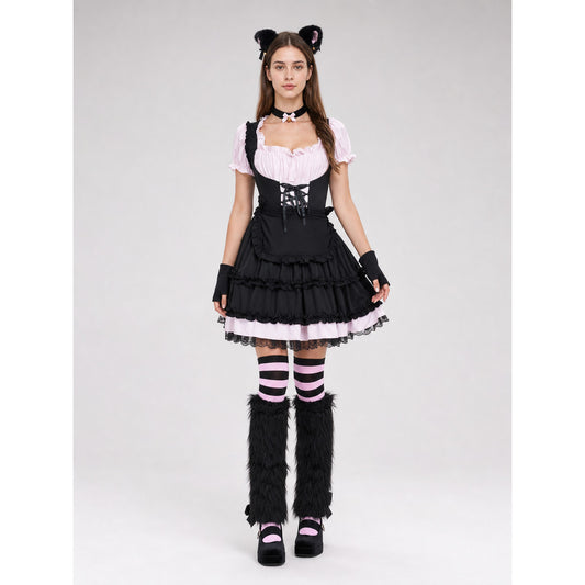 Lolita-Style Dress with Apron, Ruffles, and Lacing on-model view