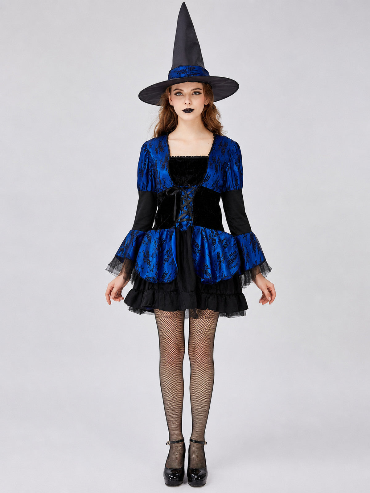 Witch Costume: Blue and Black Dress with a Full Skirt front view