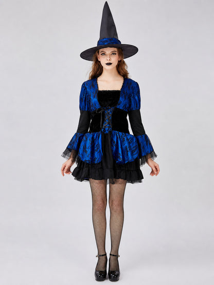 Witch Costume: Blue and Black Dress with a Full Skirt front view