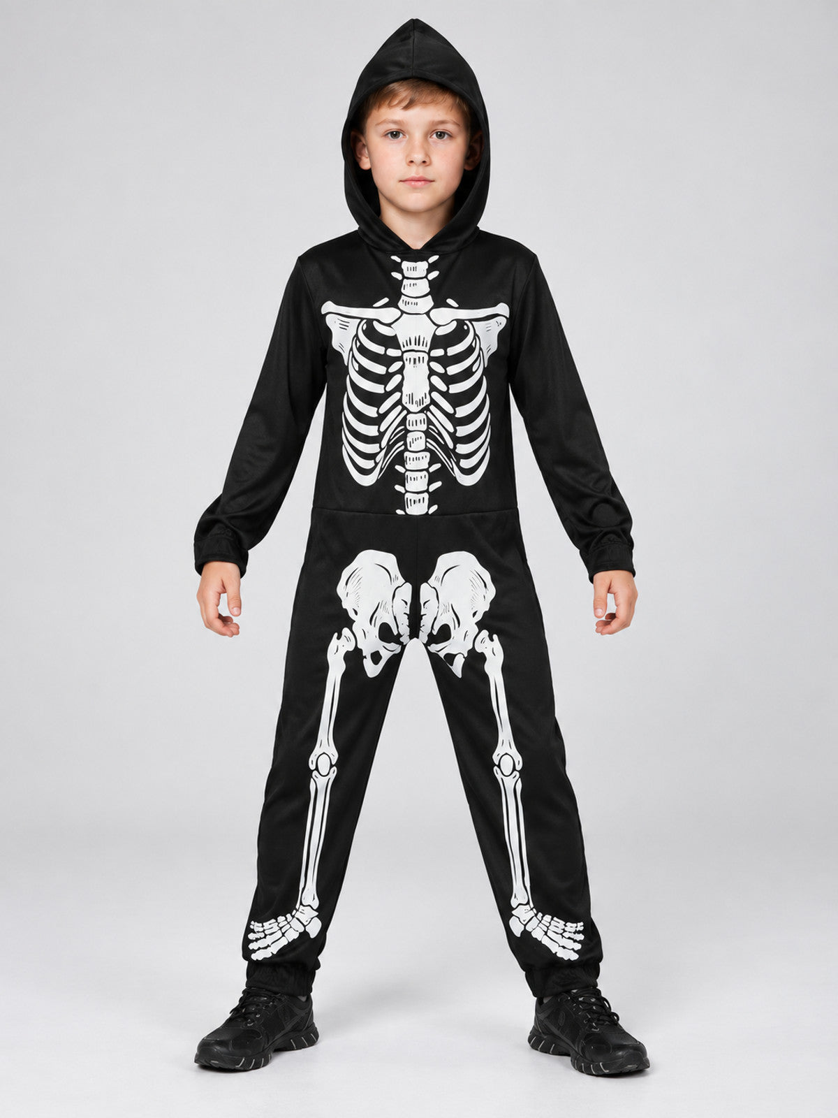 Kids' Skeleton Halloween Costume Black with Hood
