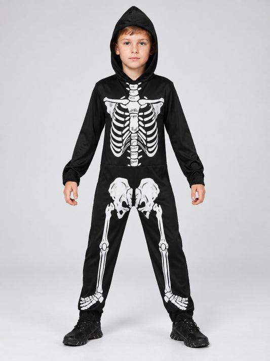Kids' Skeleton Halloween Costume Black with Hood