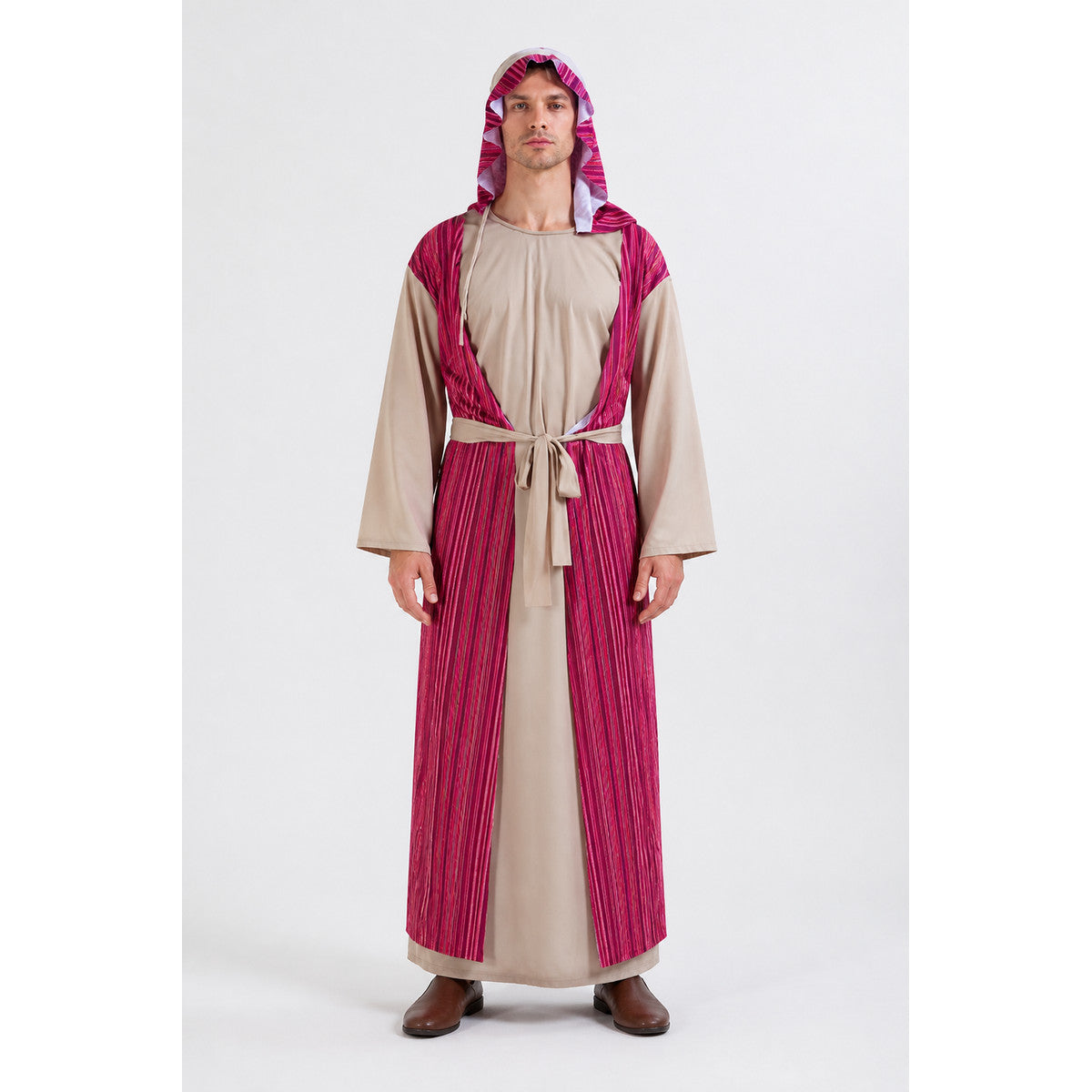 Hooded Halloween Cloak, Beige with Burgundy Stripes