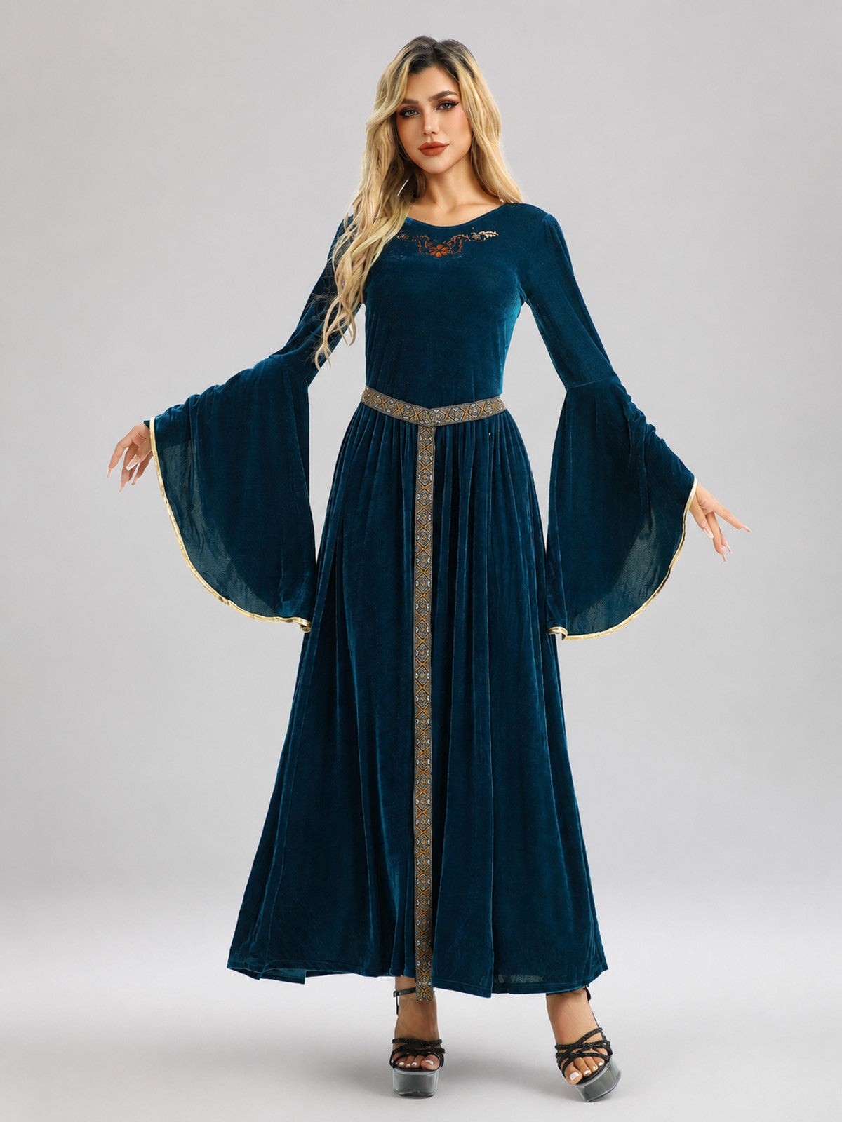 Blue Carnival Velour Dress with Gold-Tone Trim on-model view