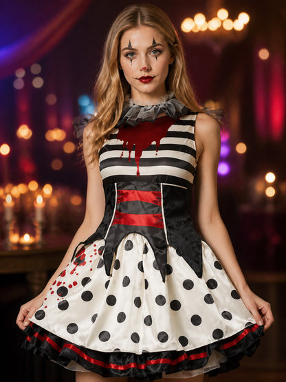 Polka Dot and Striped Clown Halloween Costume Dress with Blood Effect on-model view