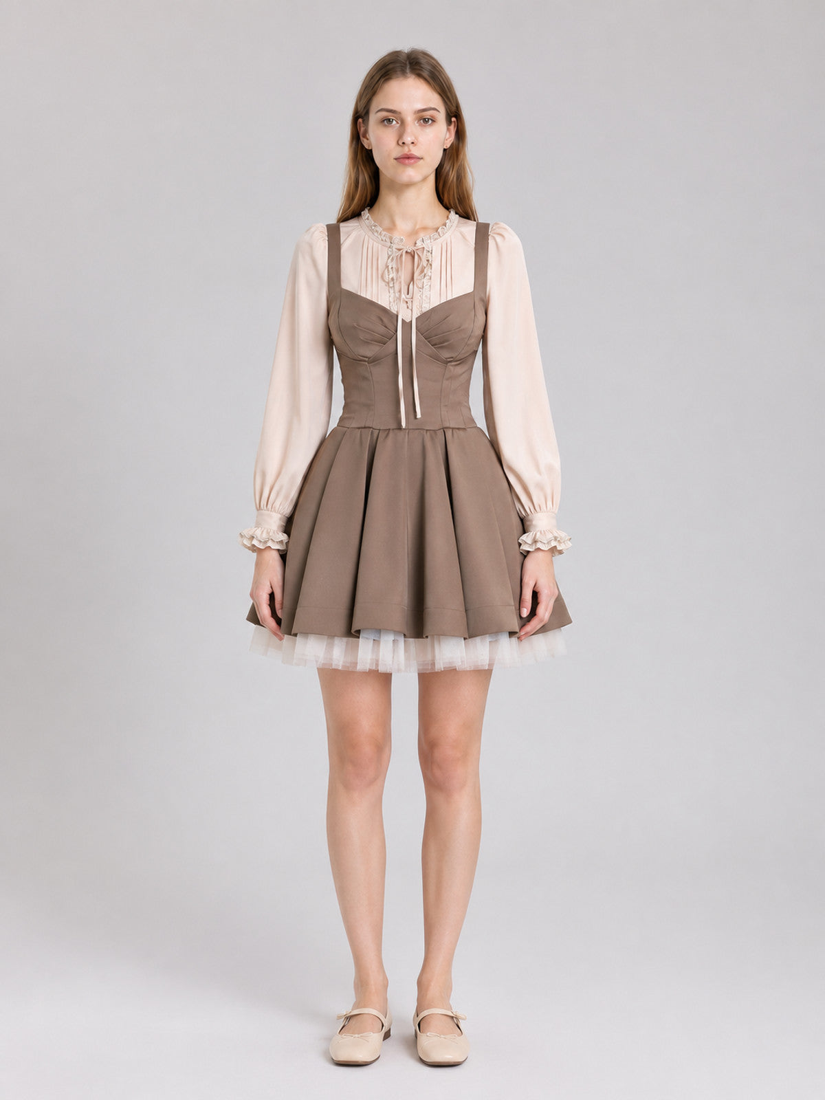 Mocha Dress with a Ruffled Collar and Full Skirt on-model view