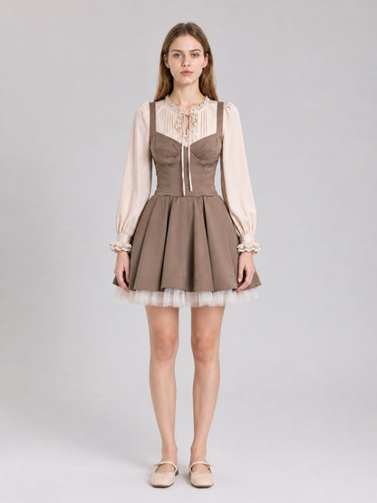 Mocha Dress with a Ruffled Collar and Full Skirt on-model view