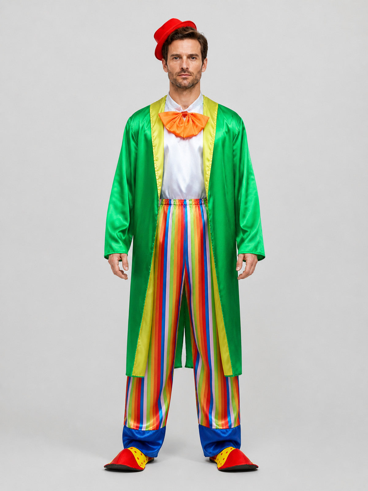 Circus Clown Costume with Cape, Hat, and Bow Tie on-model view