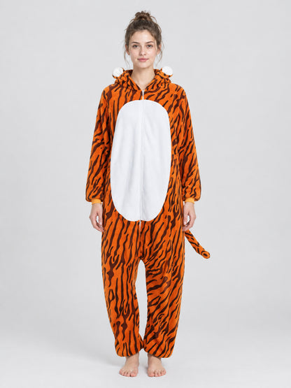Fleece Pajama Jumpsuit with Tiger Print and Hood