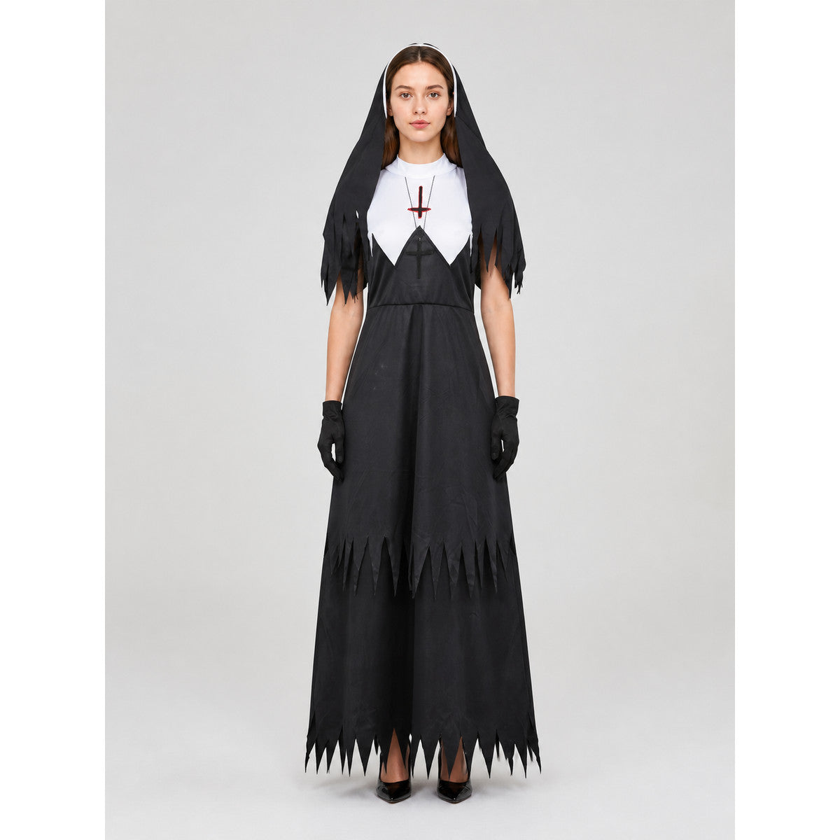 Ritual Hooded Robe with Cross and Gloves on-model view